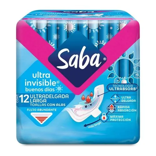 [7501019006319] Toallas Femeninas Saba Ultra Invisible Buenos Días Ultradelgada Larga con Alas 12 piezas 