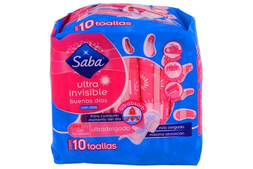 [7501019006296] Toallas Femeninas Saba Ultra Invisible con Alas 10 piezas 