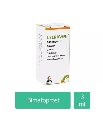 [7506384300239] Uverigant Sun Pharma Bimatoprost 0.03% Solución Oftálmica Caja Con Frasco Gotero Con 3 ml 