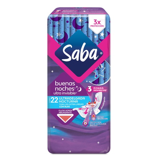 [7501019040719] Toallas Femeninas Saba Buenas Noches Ultra Invisible Ultradelgada Nocturna con Alas 22 piezas 