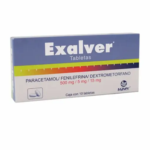 [7502009741753] Exalver Paracetamol/Fenilefrina/Dextrometorfano 500/5/15 Mg 10 Tabletas Genérico Maver 