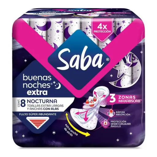 [7501019036620] Toallas Femeninas Saba Buenas Noches Extra con Alas 8 piezas 