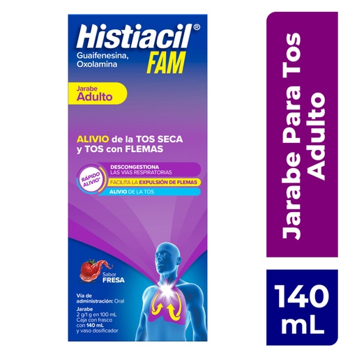 [7501165010673] Histiacil Fam Jarabe Adulto Para La Tos Seca Y Con Flemas, Sabor Fresa, 140 Ml 