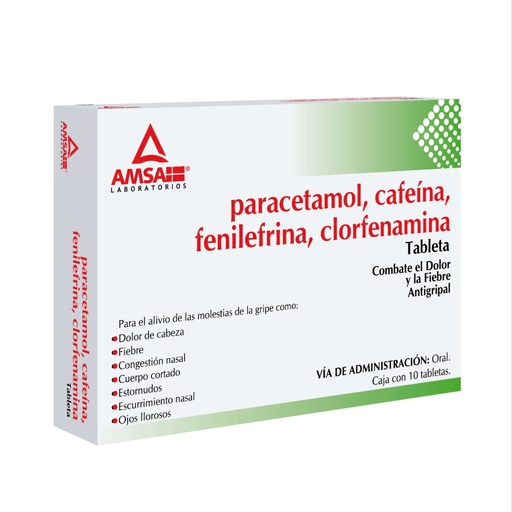 [7501349029347] Paracetamol/Cafeína/Fenilefrina/Clorfernamina 10 Tabletas Genérico Amsa 