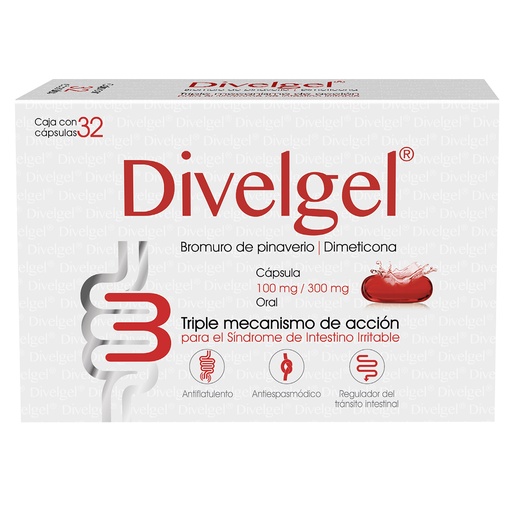 [7503027446255] Divelgel Bromuro De Pinaverio/Dimecotina 100/300 Mg 32 Cápsulas Genérico Progela
