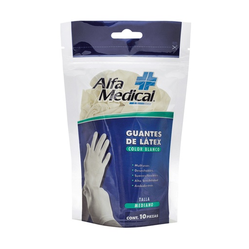 [7503014279279] Guantes Alfa Medical Látex Mediano 10 Piezas 