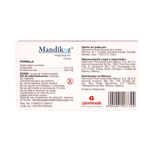 [8904091187324] Mandikoz Crema 5% Sobre 12.5 Mg 